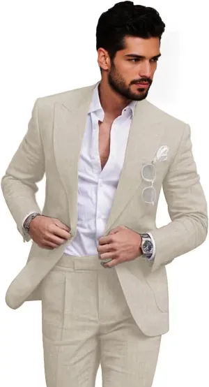 Mens Linen Suits 2 Piece Slim Fit Linen Suit for Men Retro Mens Suits for Beach Wedding Prom Suit Blazer Pants Set