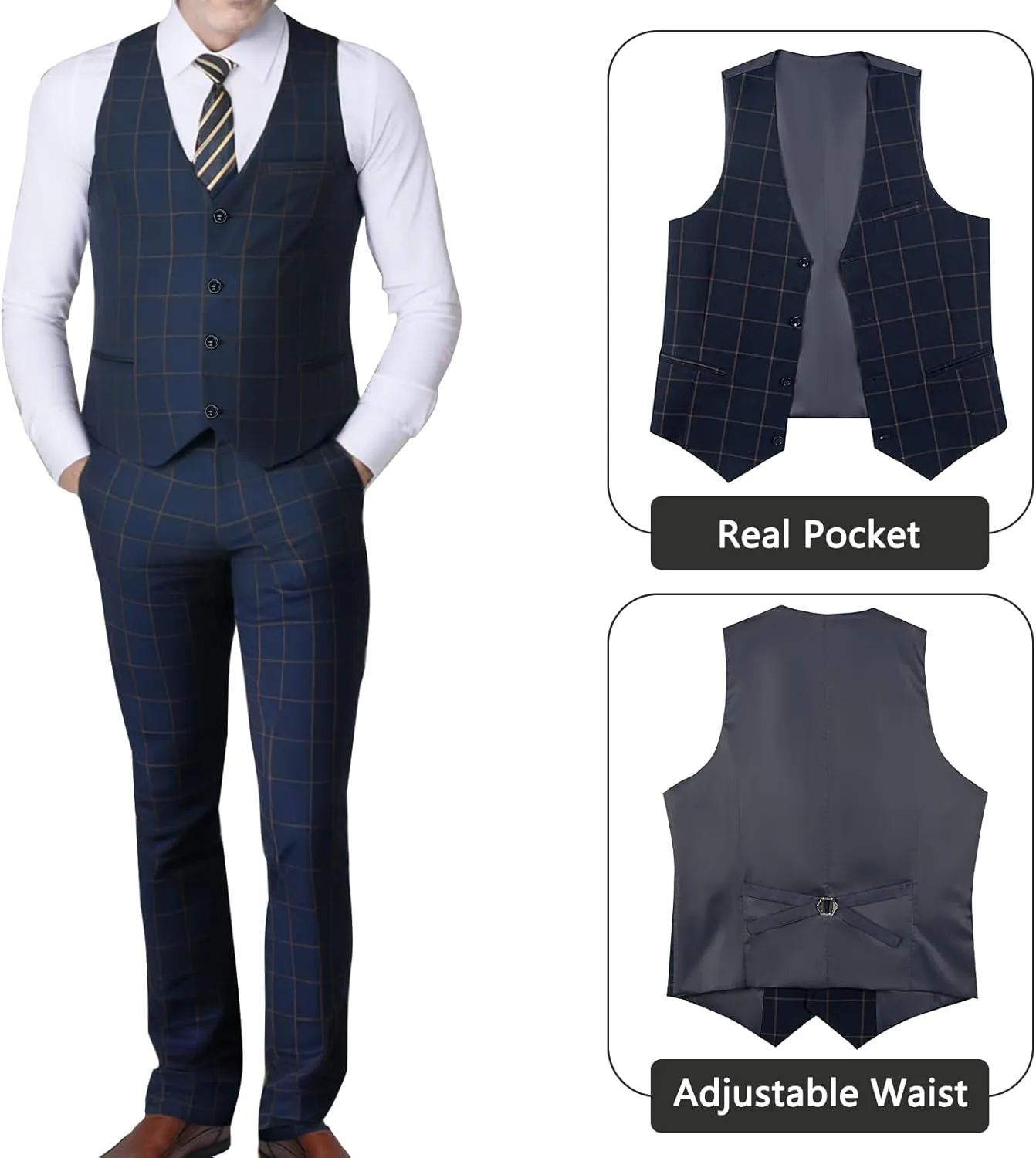 Men's Suits 3 Piece Slim Fit Dress Tuxedo for Men Two Button Solid Jacket Vest Pants Set