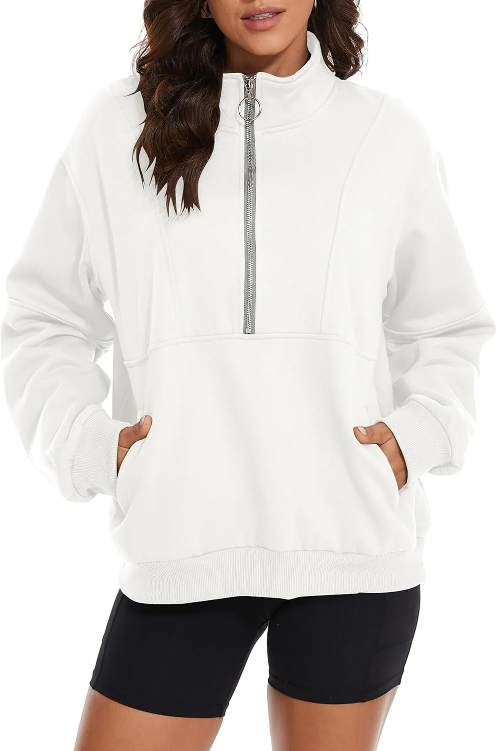 MISSACTIVER Womens Oversized Half Zip Sweatshirt Quarter 1/4 Zipper Long Sleeve Drop Shoulder Pocket Pullover Jacket Tops