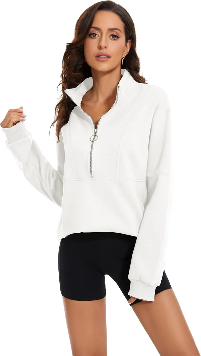 MISSACTIVER Womens Oversized Half Zip Sweatshirt Quarter 1/4 Zipper Long Sleeve Drop Shoulder Pocket Pullover Jacket Tops