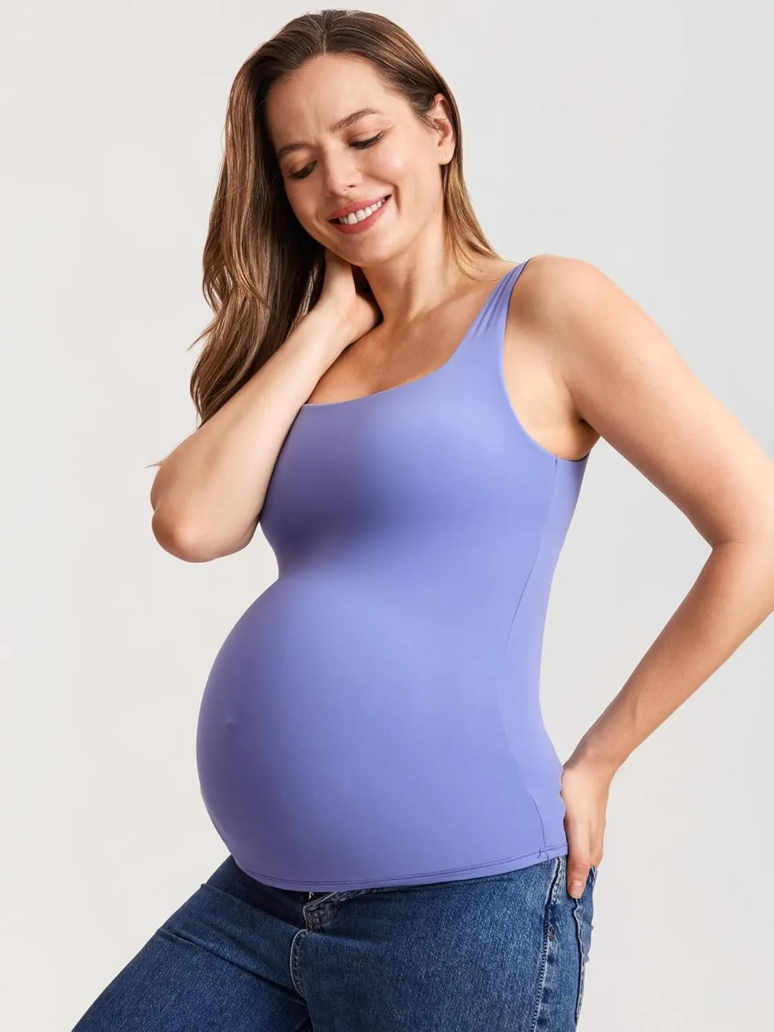 MOMANDA Inbarely Maternity Tank Top Square Neck Workout Tops with Built in Bra Pregnancy Sleeveless Yoga Maternity Clothes