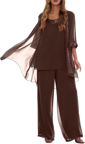 Mother of Bride Pant Suits 3Pcs Chiffon Sequins Wedding Pant Suits for Women Dressy Wedding with Jacket