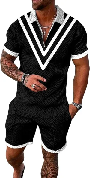 MQUN Summer men short sets outfits 2 Piece Short Sleeve Polo Shirt Shorts Set men short sets outfits Casual Sport Suit