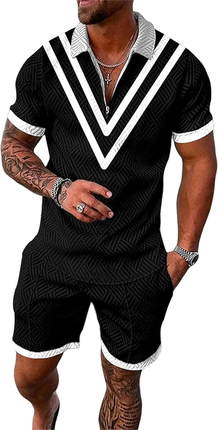 MQUN Summer men short sets outfits 2 Piece Short Sleeve Polo Shirt Shorts Set men short sets outfits Casual Sport Suit