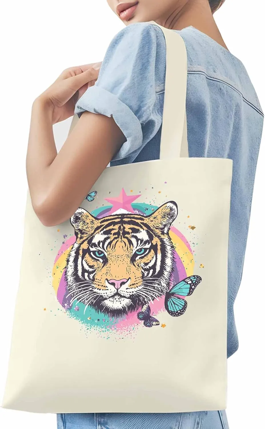 Multicolored Animals Star Butterfly Canvas Tote Bag, Aesthetic Canvas Tote Handbags for Women Shoulder Bag