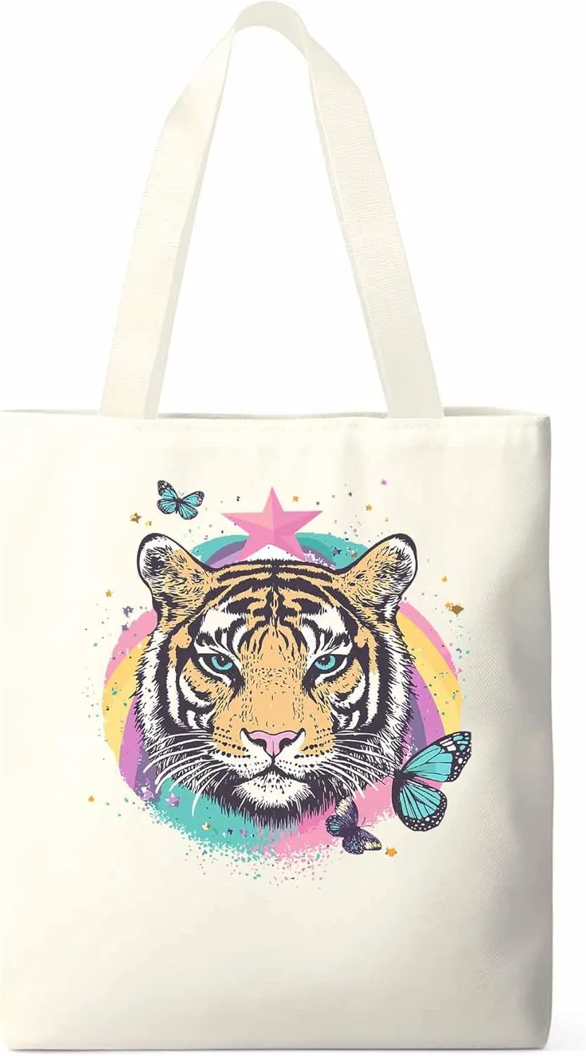 Multicolored Animals Star Butterfly Canvas Tote Bag, Aesthetic Canvas Tote Handbags for Women Shoulder Bag