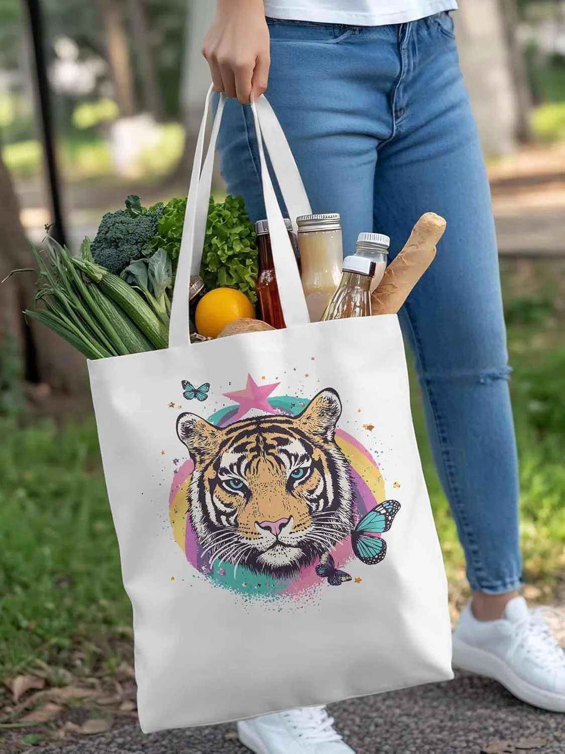 Multicolored Animals Star Butterfly Canvas Tote Bag, Aesthetic Canvas Tote Handbags for Women Shoulder Bag