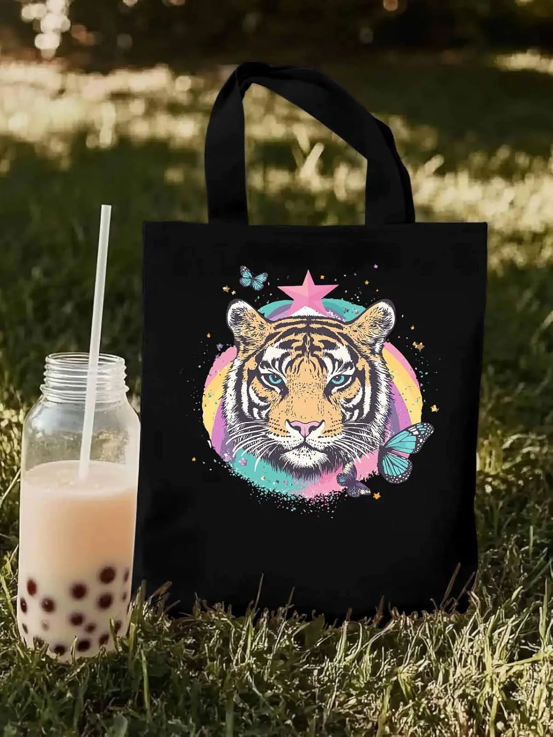 Multicolored Animals Star Butterfly Canvas Tote Bag, Aesthetic Canvas Tote Handbags for Women Shoulder Bag
