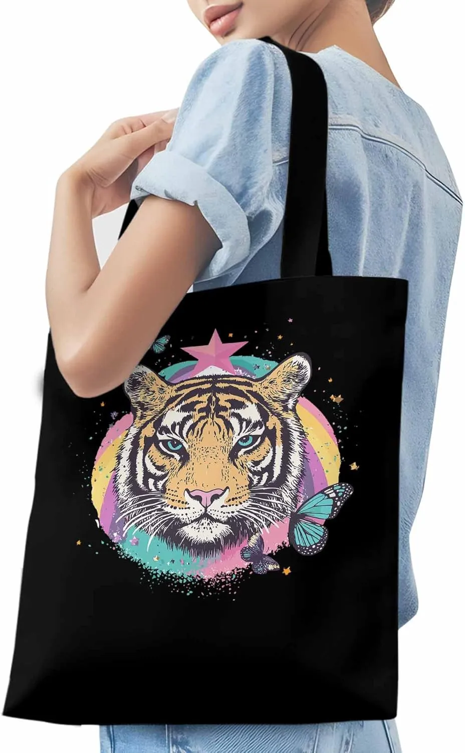 Multicolored Animals Star Butterfly Canvas Tote Bag, Aesthetic Canvas Tote Handbags for Women Shoulder Bag
