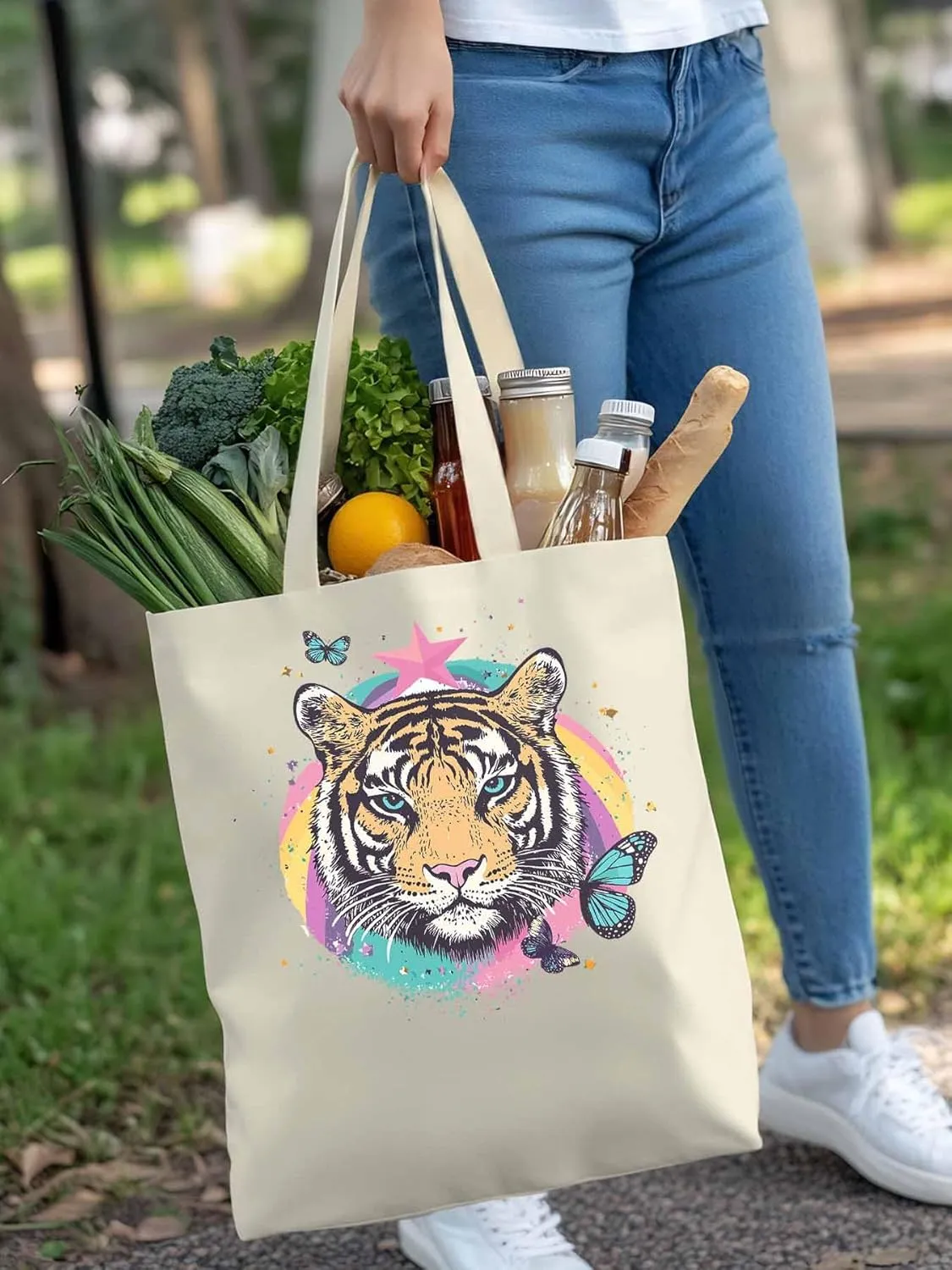 Multicolored Animals Star Butterfly Canvas Tote Bag, Aesthetic Canvas Tote Handbags for Women Shoulder Bag