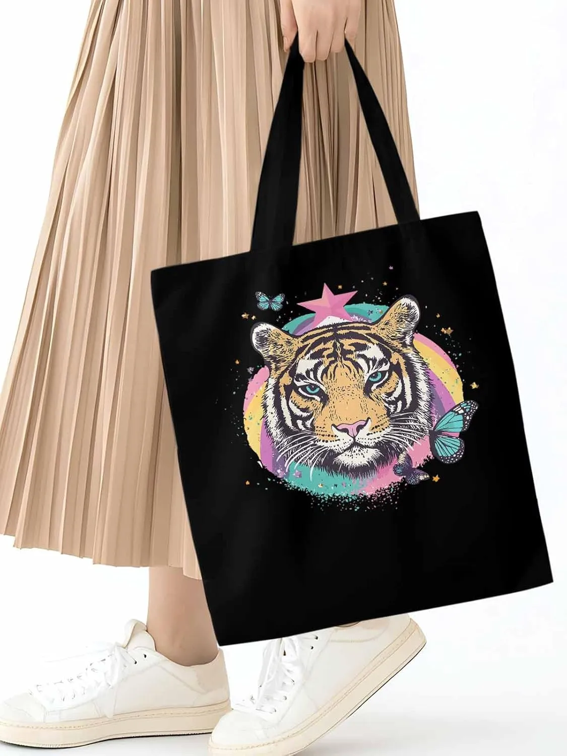 Multicolored Animals Star Butterfly Canvas Tote Bag, Aesthetic Canvas Tote Handbags for Women Shoulder Bag