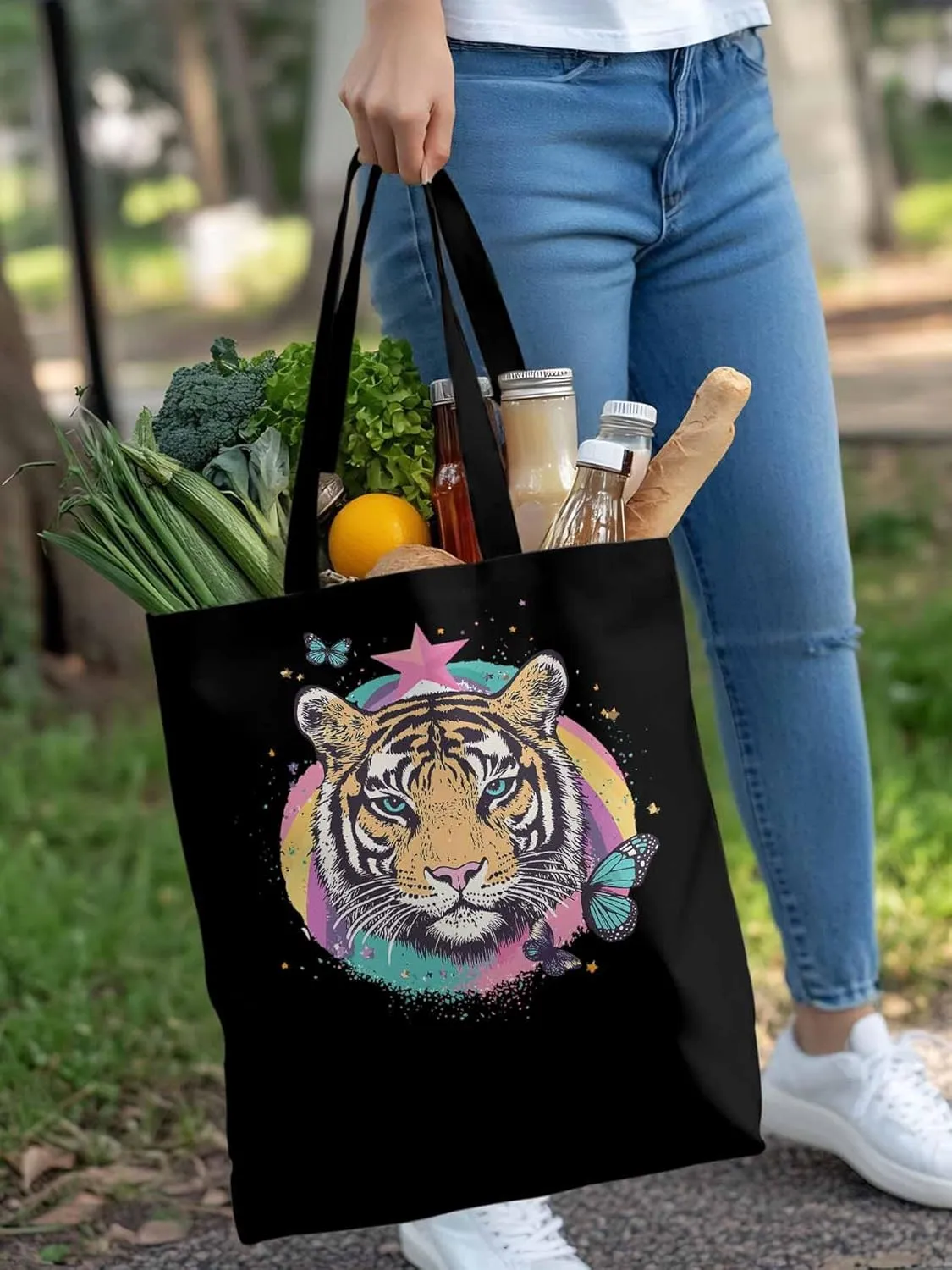 Multicolored Animals Star Butterfly Canvas Tote Bag, Aesthetic Canvas Tote Handbags for Women Shoulder Bag
