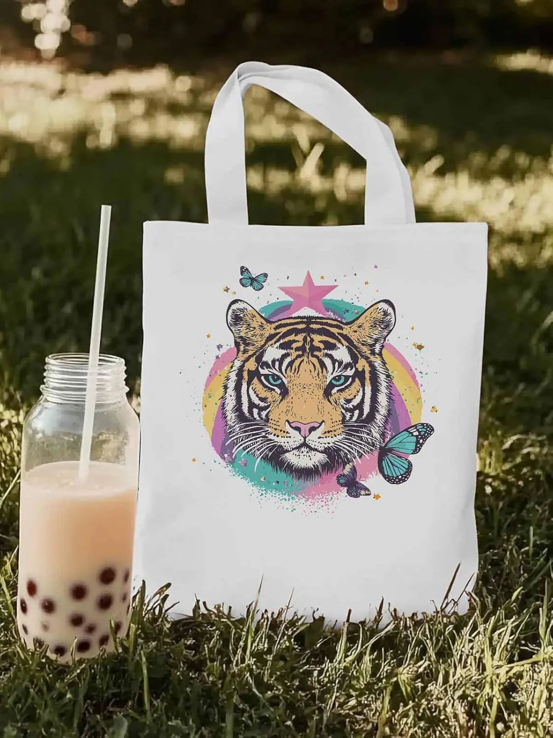 Multicolored Animals Star Butterfly Canvas Tote Bag, Aesthetic Canvas Tote Handbags for Women Shoulder Bag