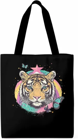 Multicolored Animals Star Butterfly Canvas Tote Bag, Aesthetic Canvas Tote Handbags for Women Shoulder Bag
