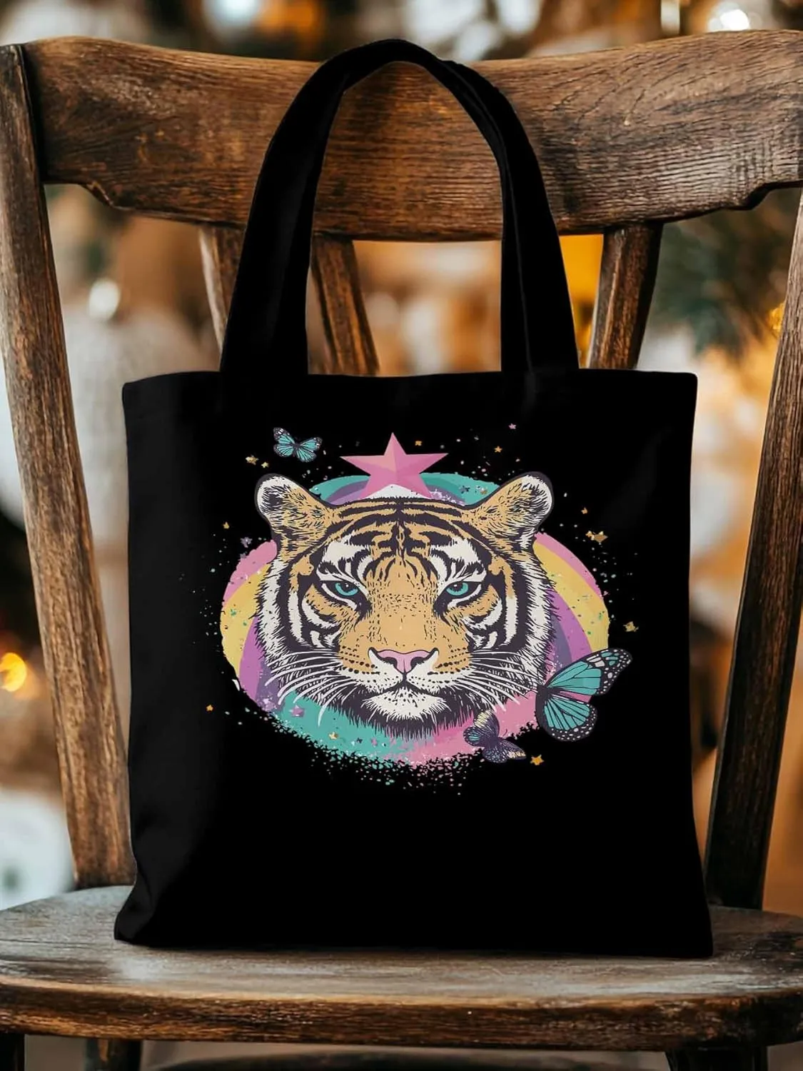 Multicolored Animals Star Butterfly Canvas Tote Bag, Aesthetic Canvas Tote Handbags for Women Shoulder Bag