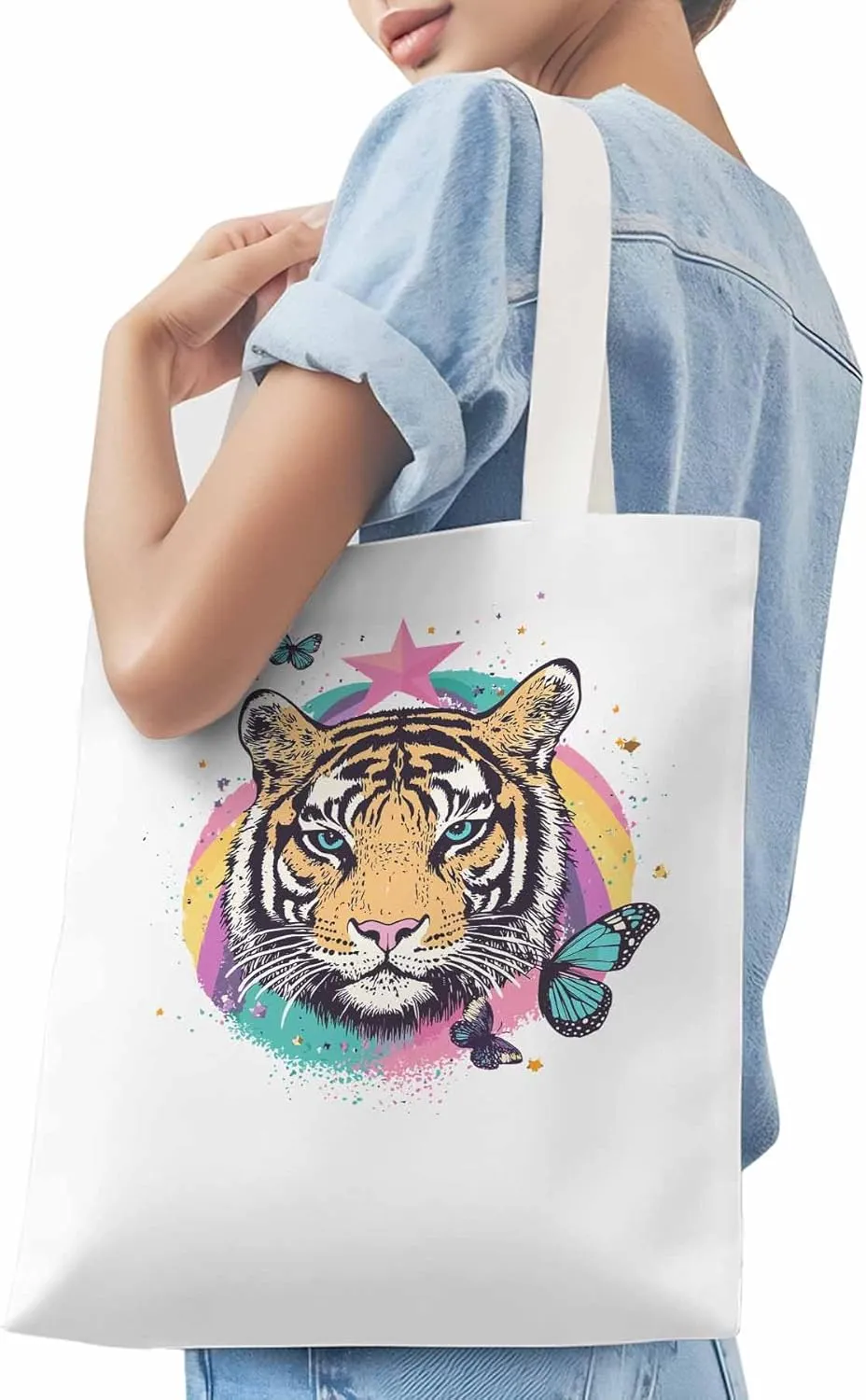 Multicolored Animals Star Butterfly Canvas Tote Bag, Aesthetic Canvas Tote Handbags for Women Shoulder Bag