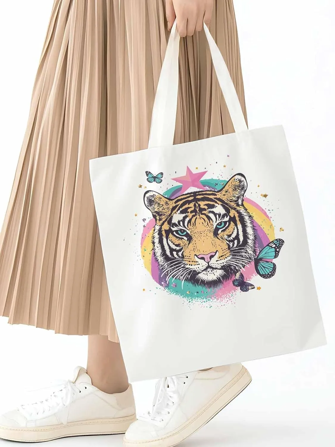 Multicolored Animals Star Butterfly Canvas Tote Bag, Aesthetic Canvas Tote Handbags for Women Shoulder Bag