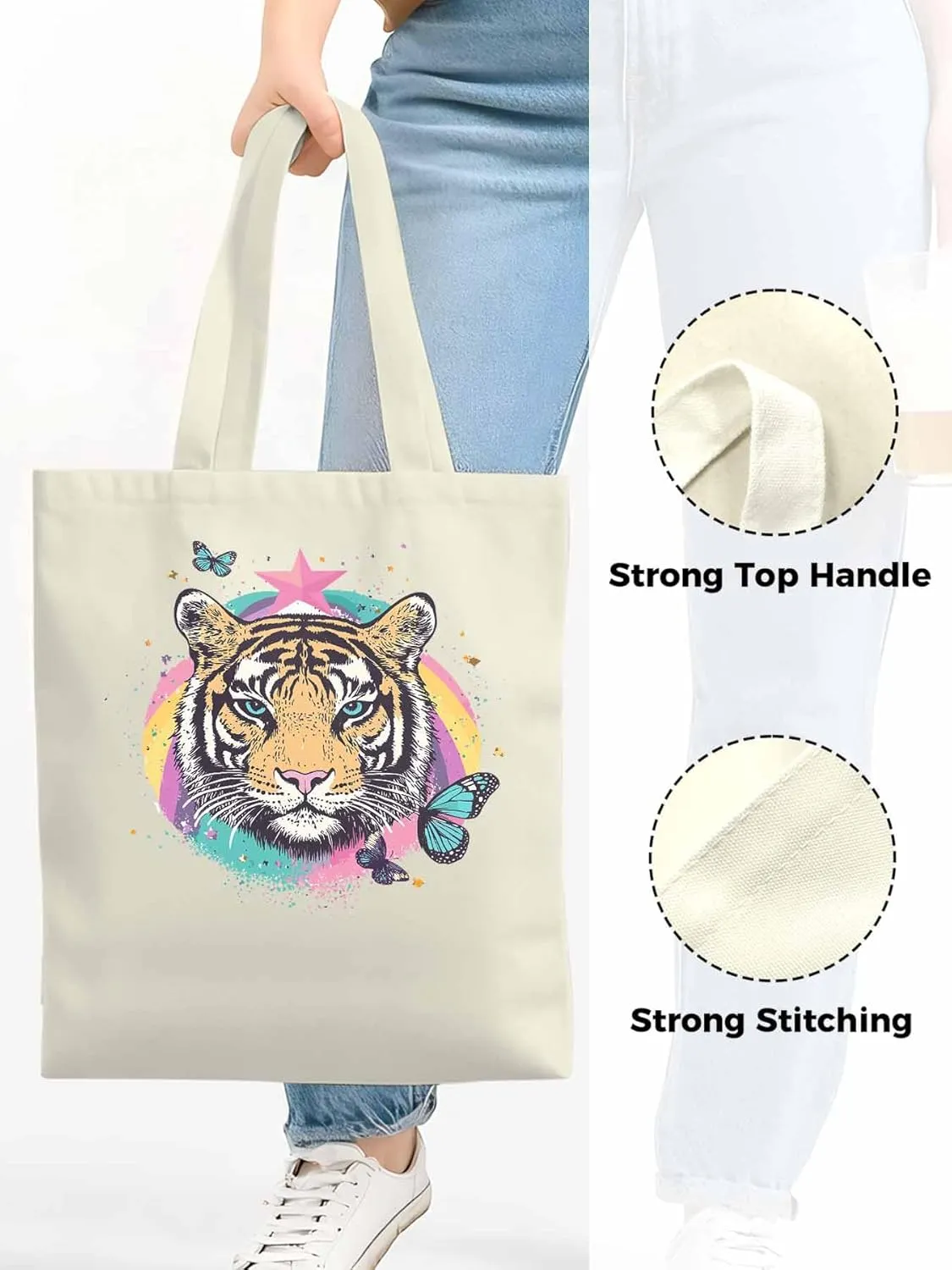 Multicolored Animals Star Butterfly Canvas Tote Bag, Aesthetic Canvas Tote Handbags for Women Shoulder Bag