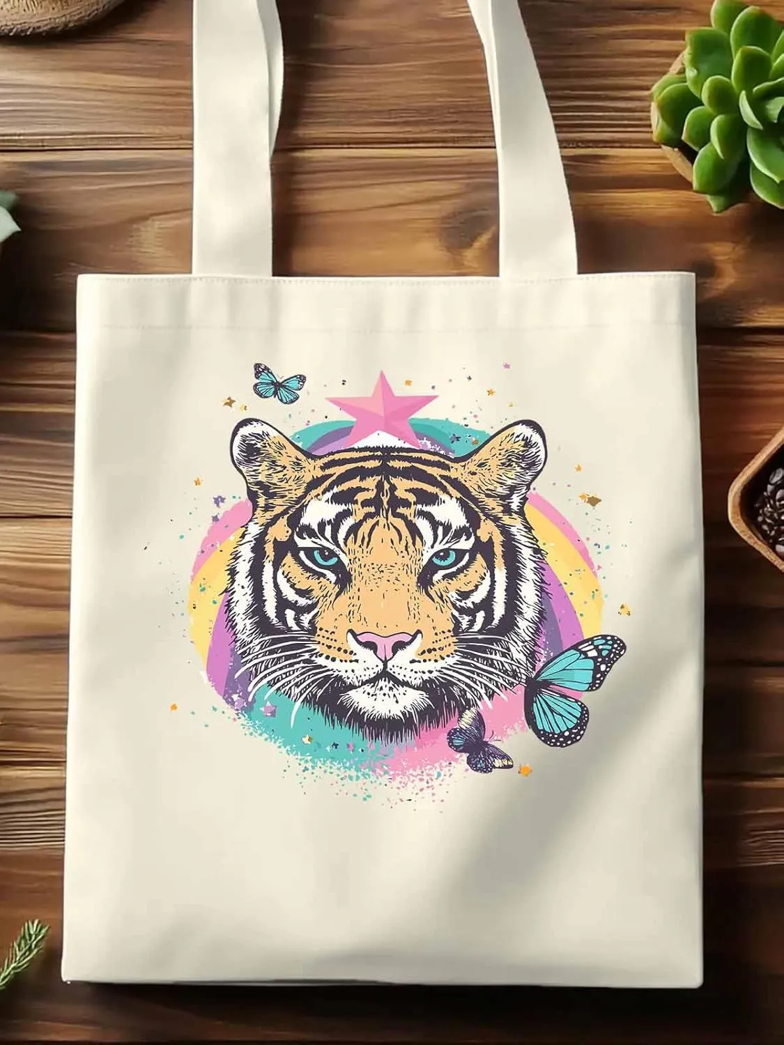 Multicolored Animals Star Butterfly Canvas Tote Bag, Aesthetic Canvas Tote Handbags for Women Shoulder Bag
