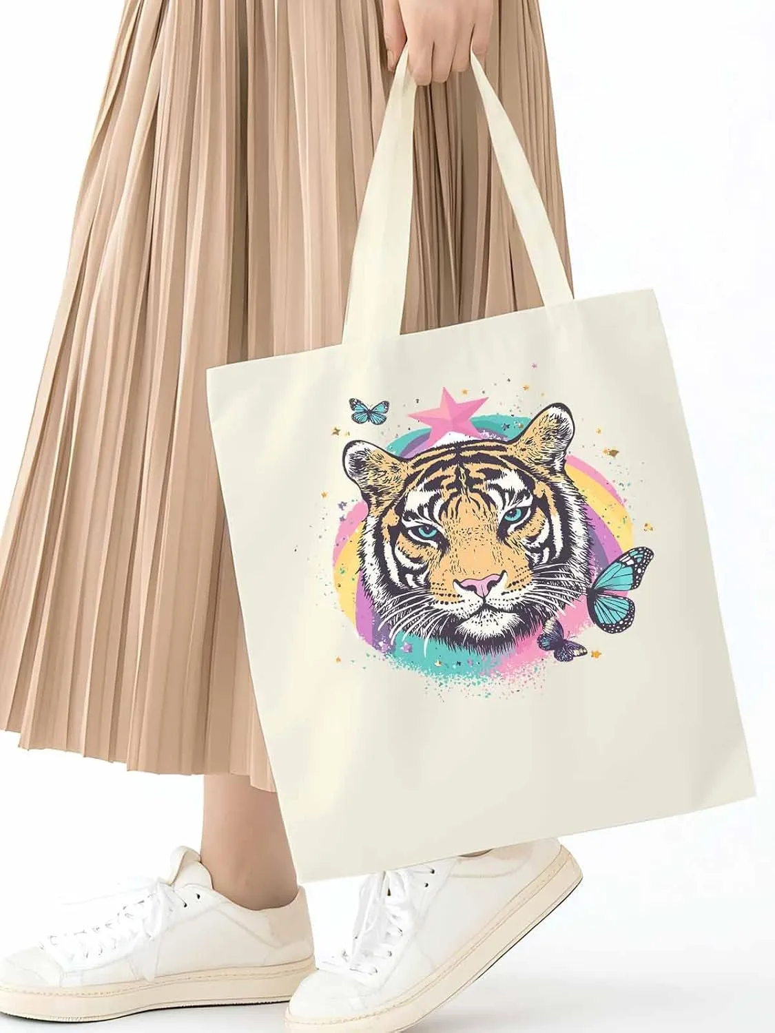 Multicolored Animals Star Butterfly Canvas Tote Bag, Aesthetic Canvas Tote Handbags for Women Shoulder Bag