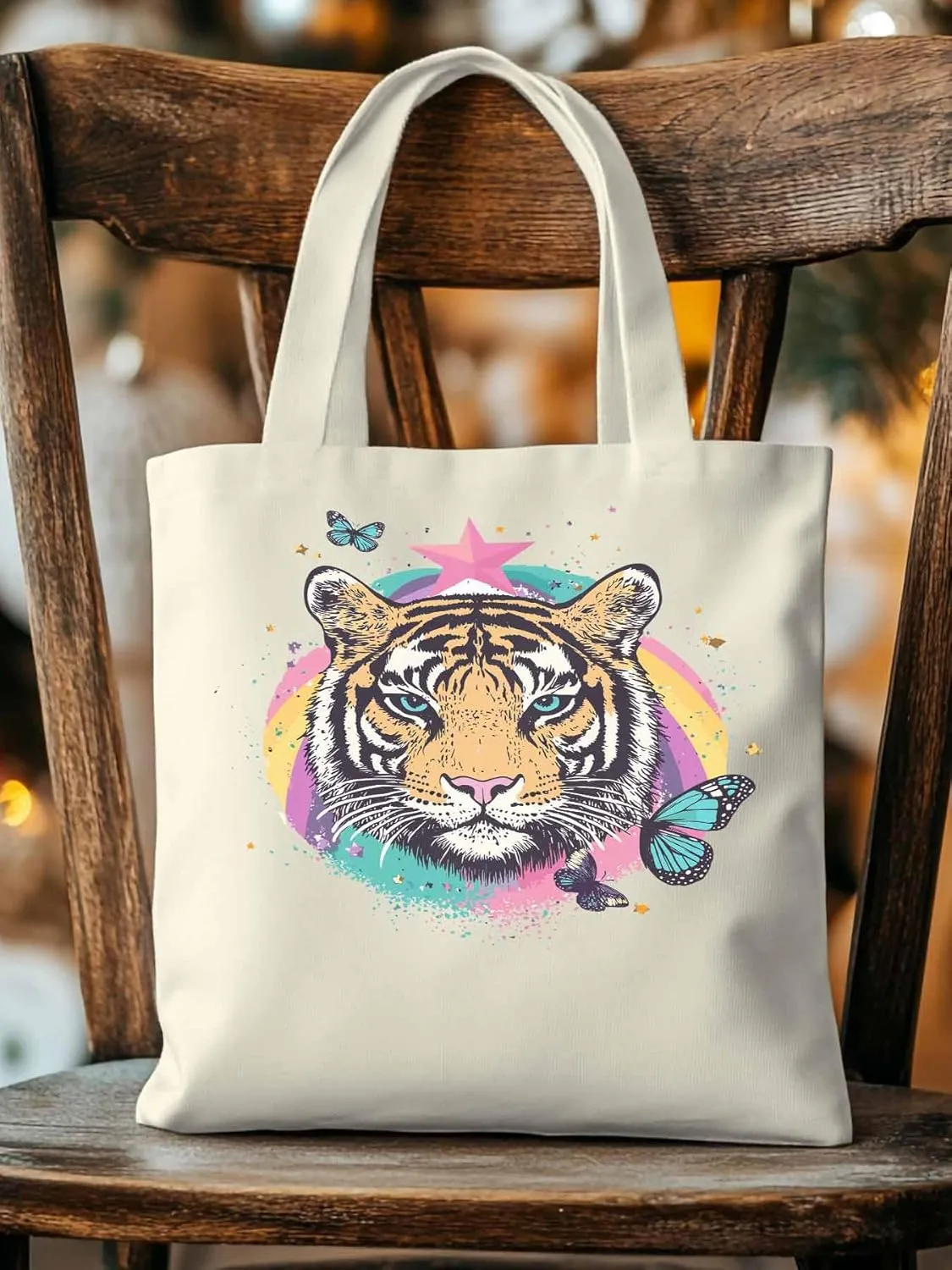 Multicolored Animals Star Butterfly Canvas Tote Bag, Aesthetic Canvas Tote Handbags for Women Shoulder Bag
