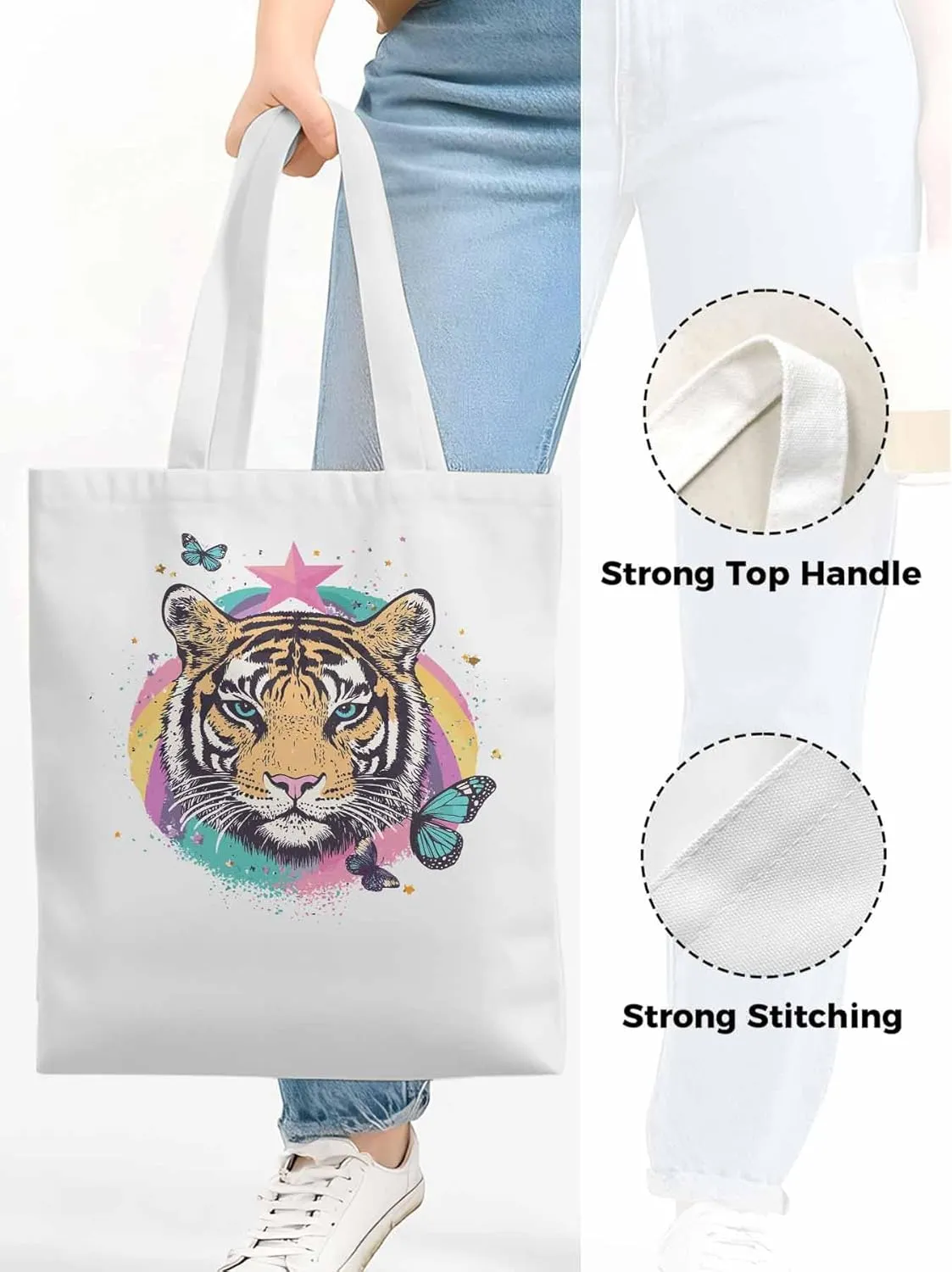 Multicolored Animals Star Butterfly Canvas Tote Bag, Aesthetic Canvas Tote Handbags for Women Shoulder Bag