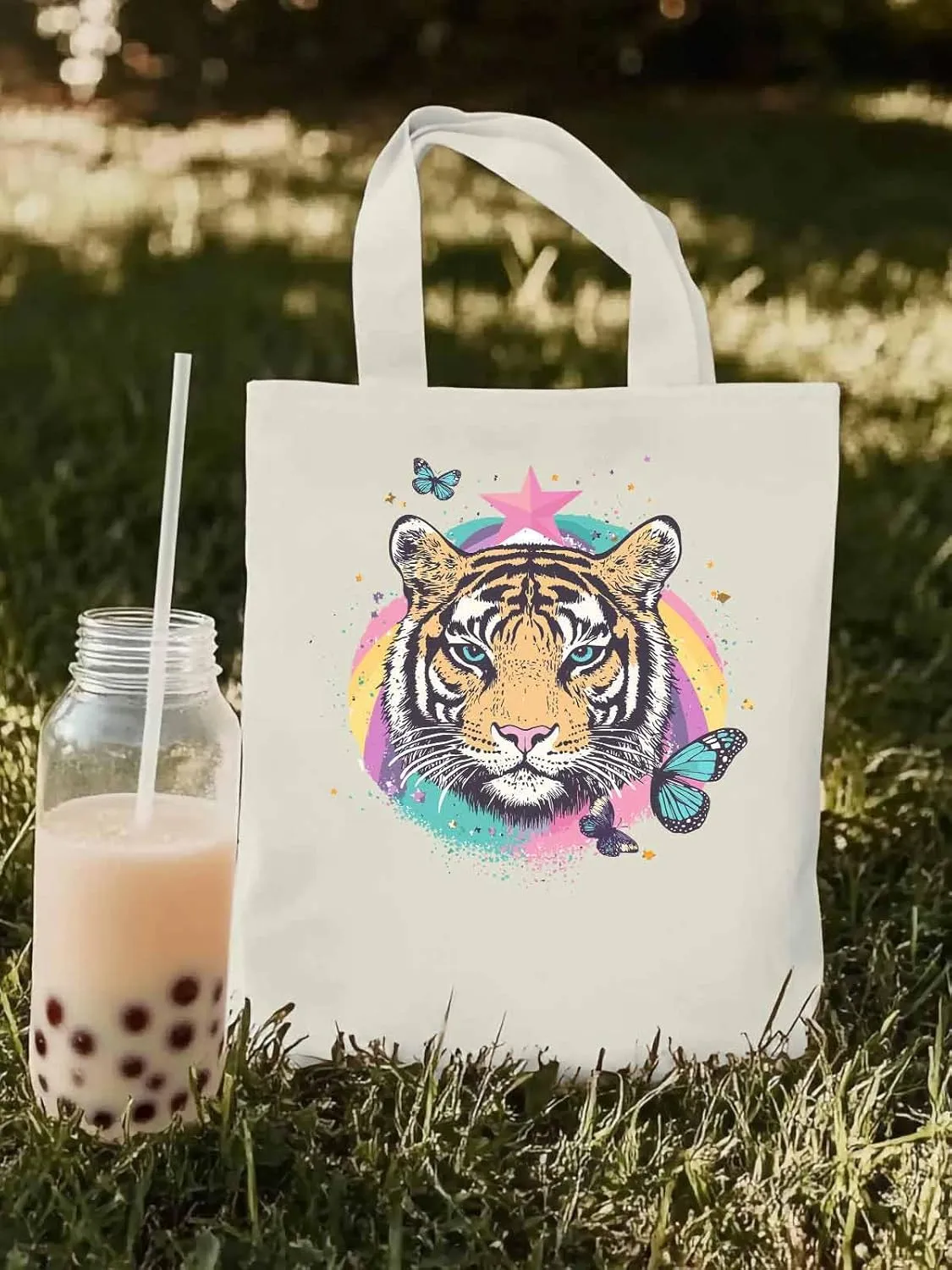 Multicolored Animals Star Butterfly Canvas Tote Bag, Aesthetic Canvas Tote Handbags for Women Shoulder Bag