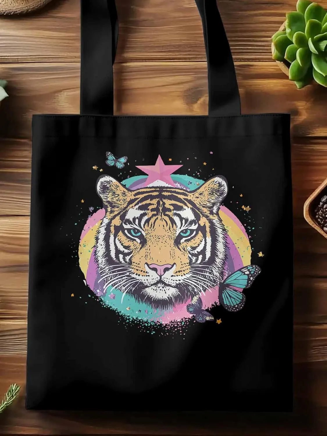 Multicolored Animals Star Butterfly Canvas Tote Bag, Aesthetic Canvas Tote Handbags for Women Shoulder Bag