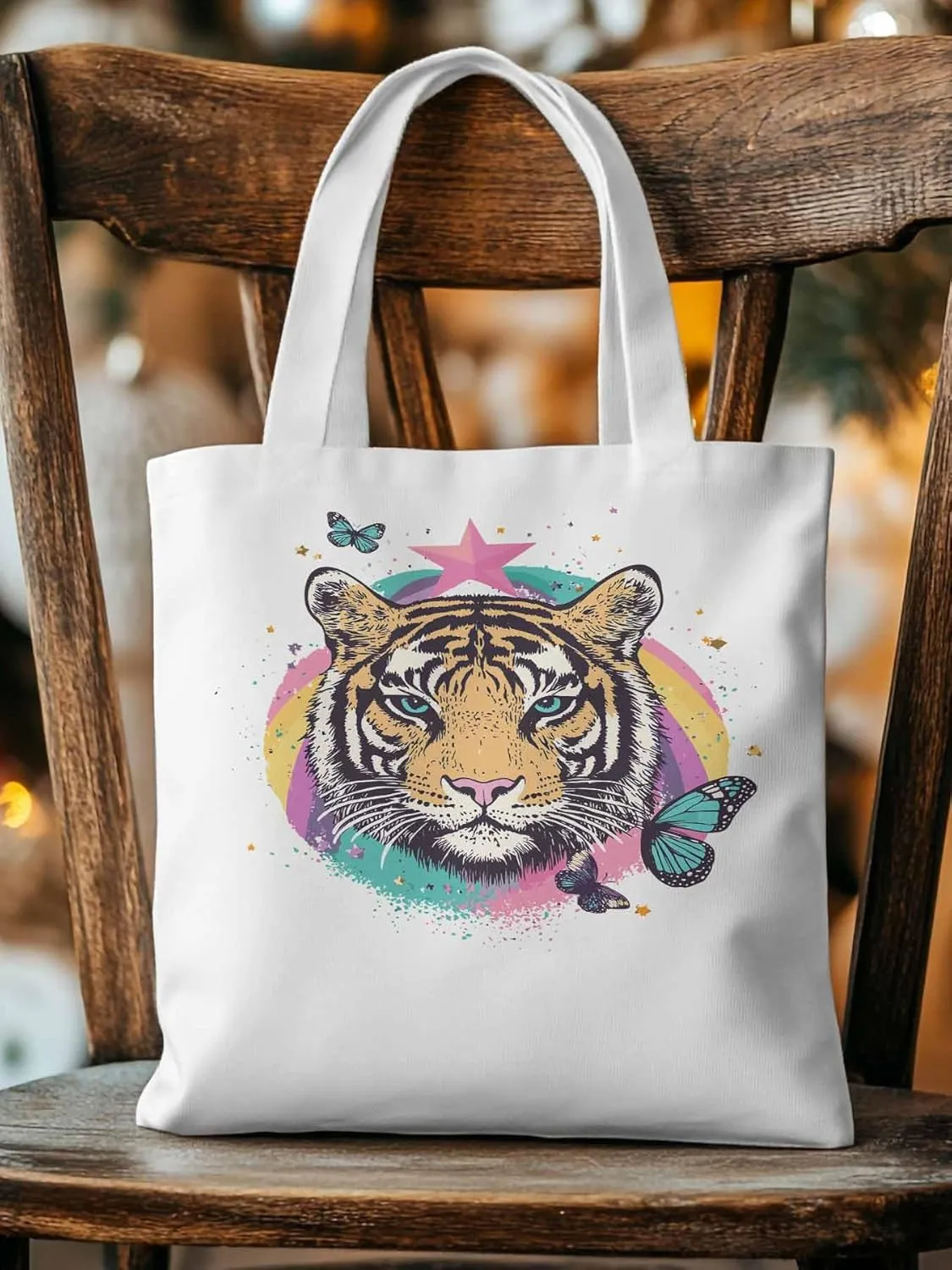 Multicolored Animals Star Butterfly Canvas Tote Bag, Aesthetic Canvas Tote Handbags for Women Shoulder Bag