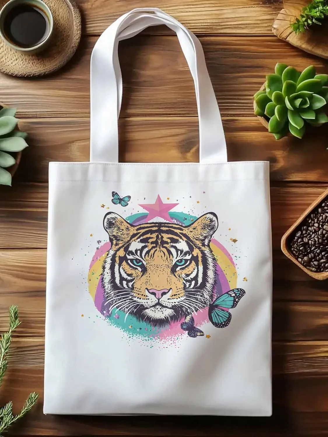 Multicolored Animals Star Butterfly Canvas Tote Bag, Aesthetic Canvas Tote Handbags for Women Shoulder Bag