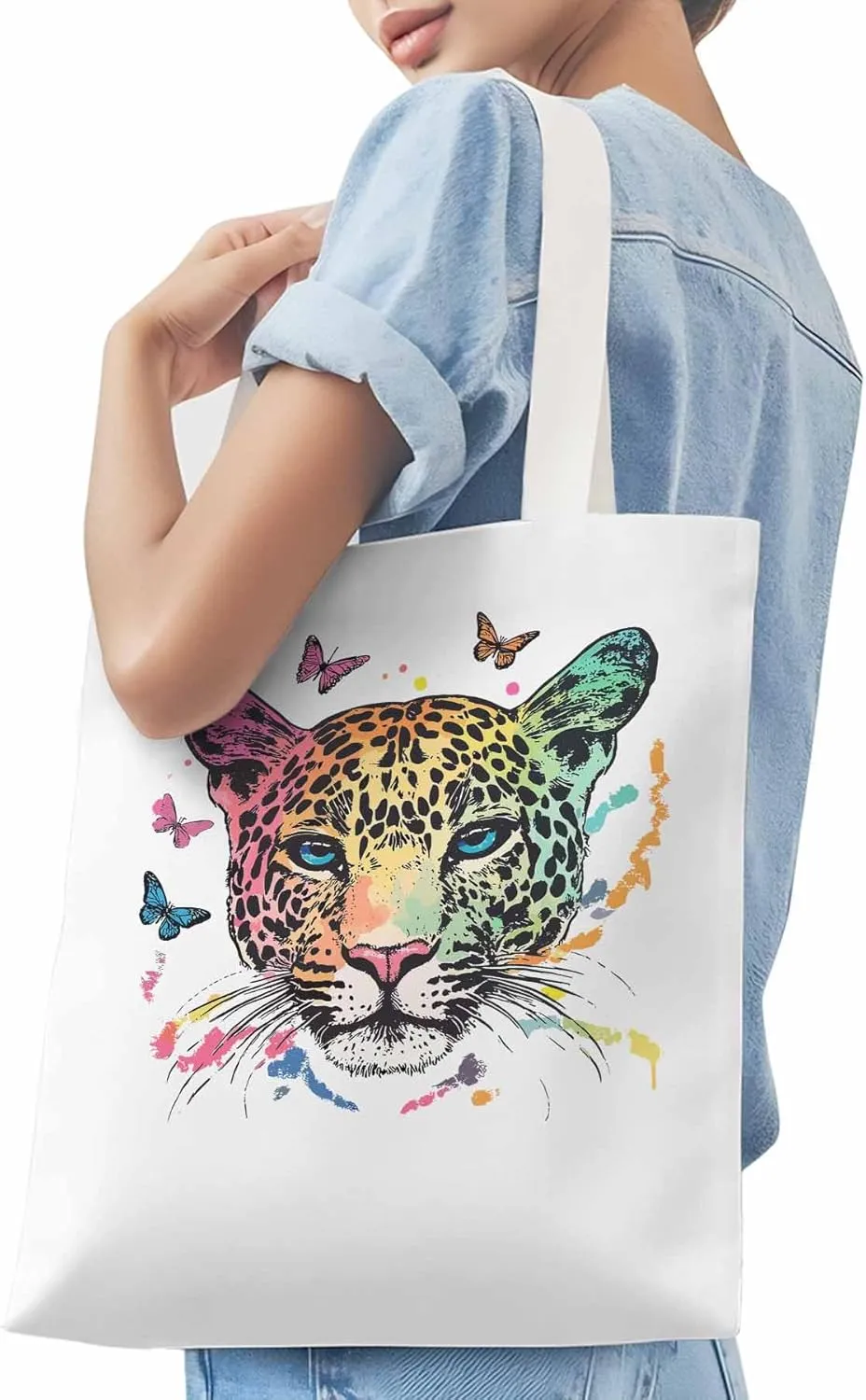 Multicolored Leopard Butterfly Canvas Tote Bag, Aesthetic Canvas Tote Handbags for Women Shoulder Bag