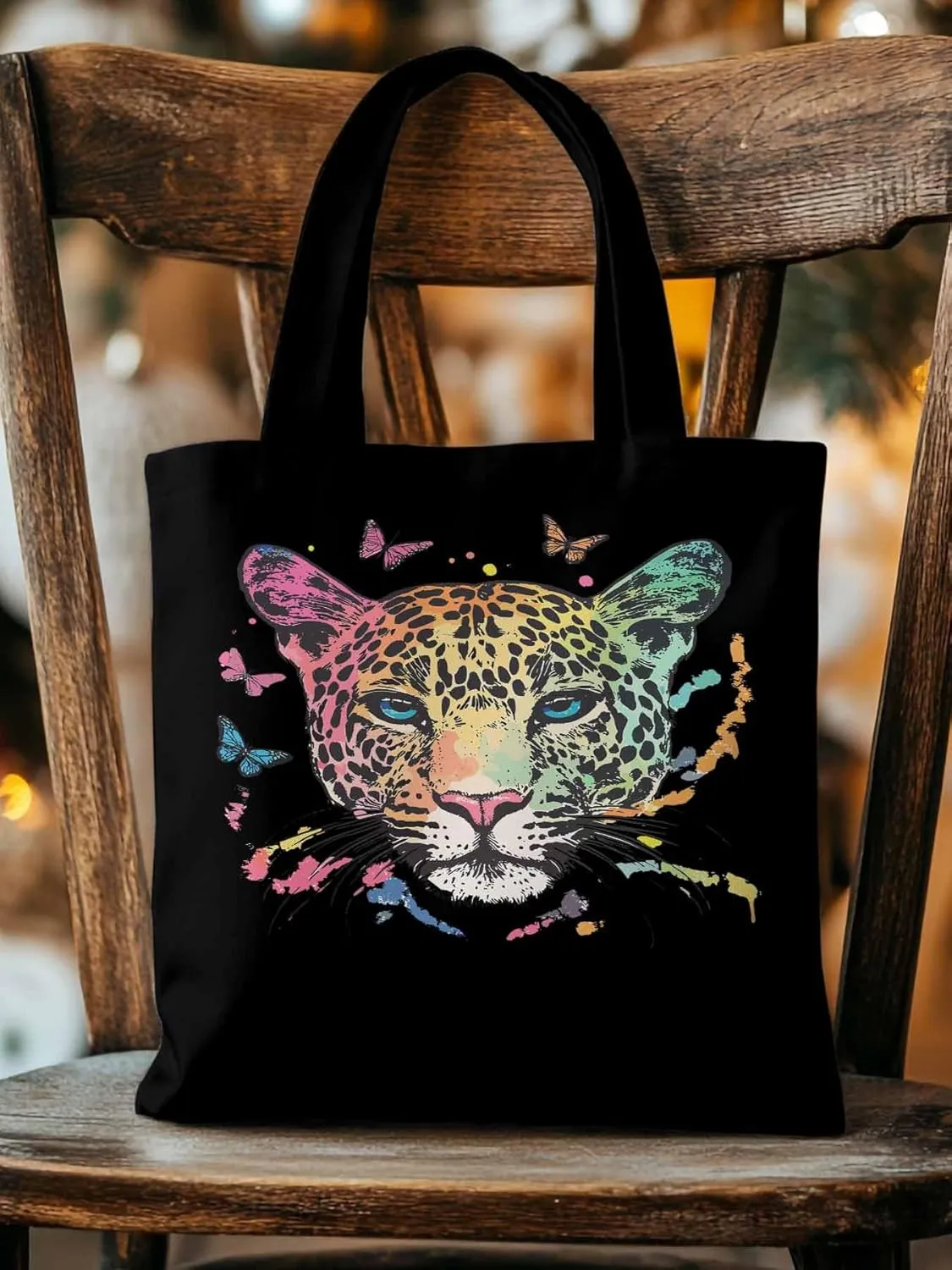 Multicolored Leopard Butterfly Canvas Tote Bag, Aesthetic Canvas Tote Handbags for Women Shoulder Bag