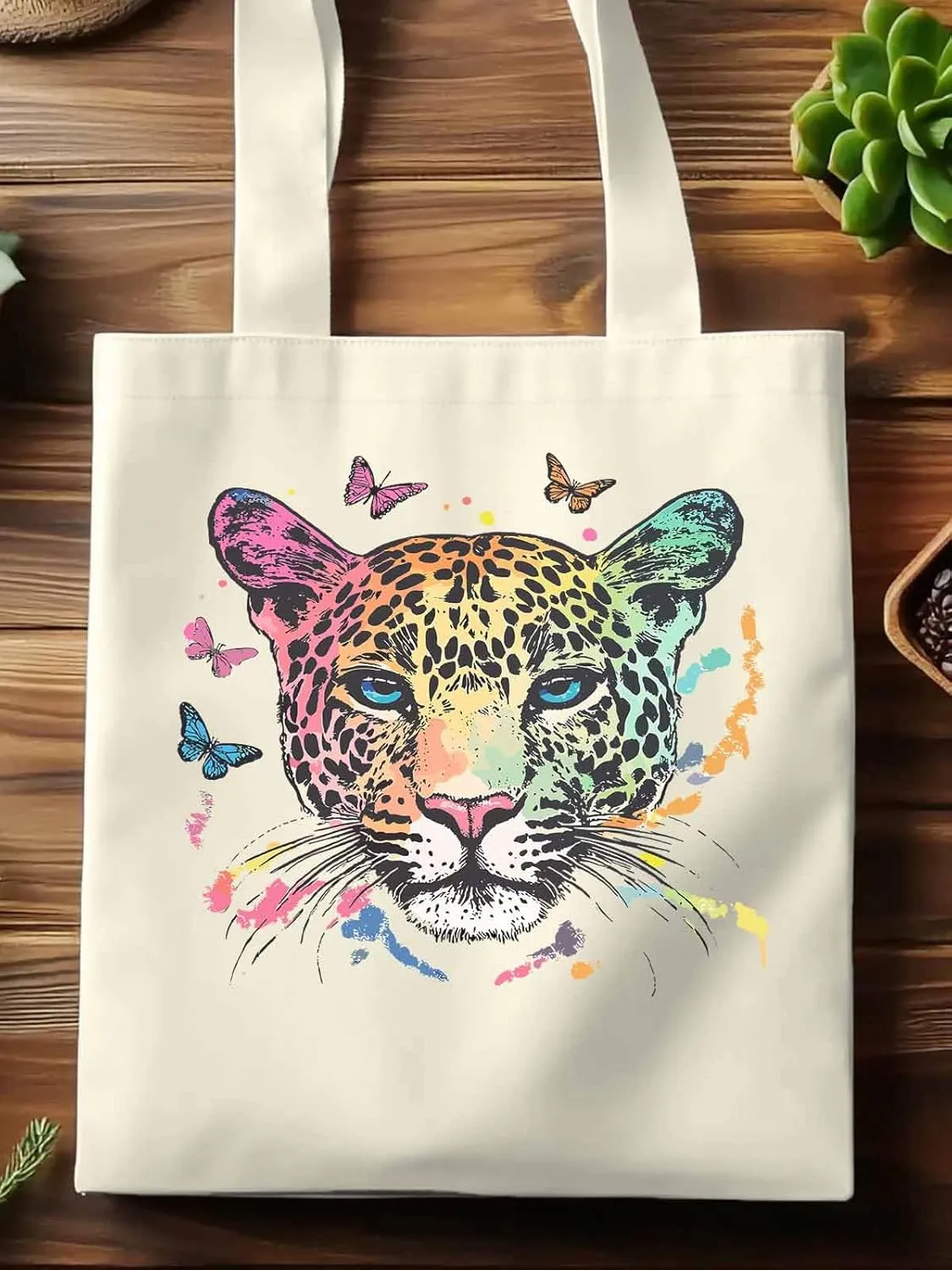 Multicolored Leopard Butterfly Canvas Tote Bag, Aesthetic Canvas Tote Handbags for Women Shoulder Bag