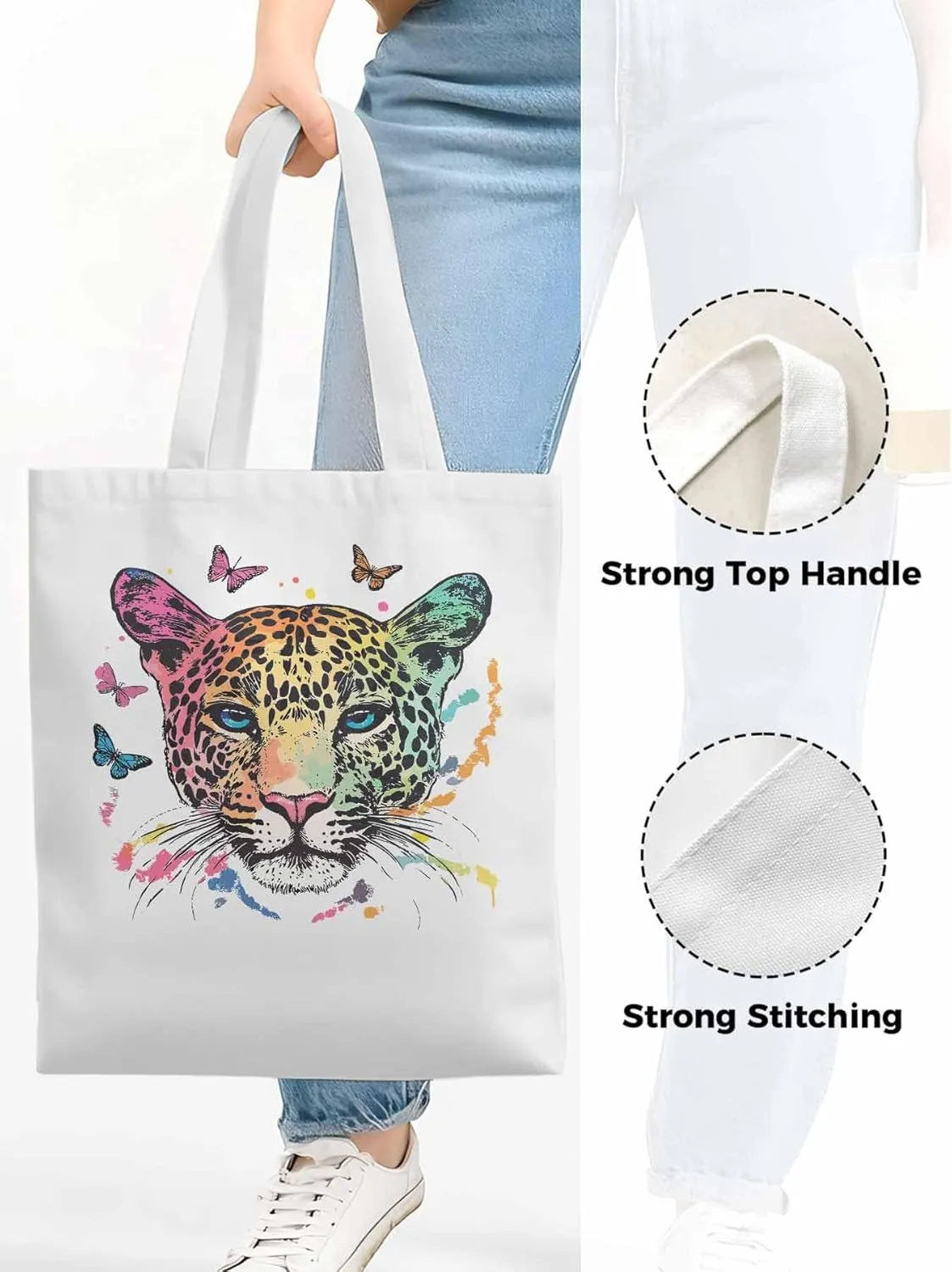 Multicolored Leopard Butterfly Canvas Tote Bag, Aesthetic Canvas Tote Handbags for Women Shoulder Bag