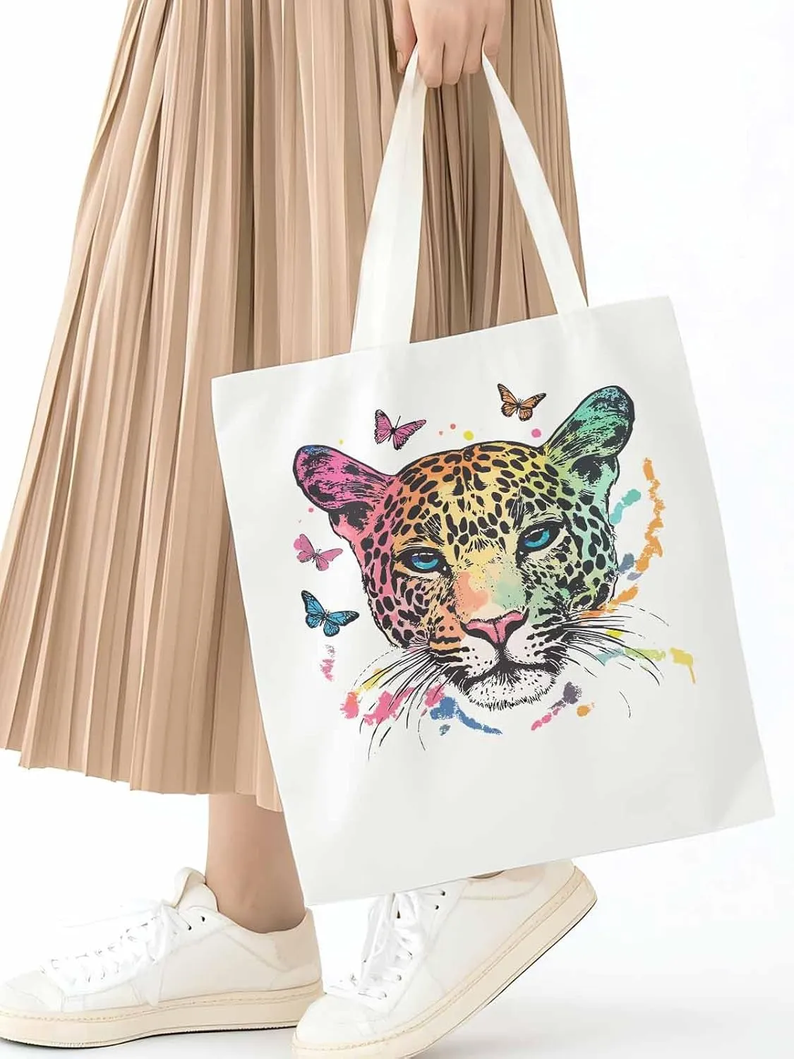Multicolored Leopard Butterfly Canvas Tote Bag, Aesthetic Canvas Tote Handbags for Women Shoulder Bag