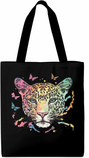 Multicolored Leopard Butterfly Canvas Tote Bag, Aesthetic Canvas Tote Handbags for Women Shoulder Bag