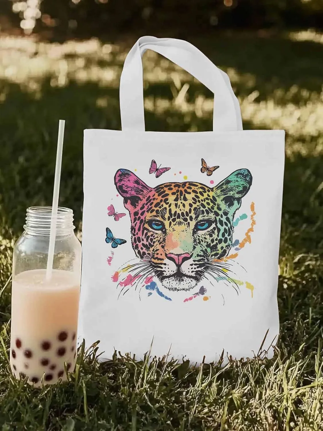 Multicolored Leopard Butterfly Canvas Tote Bag, Aesthetic Canvas Tote Handbags for Women Shoulder Bag