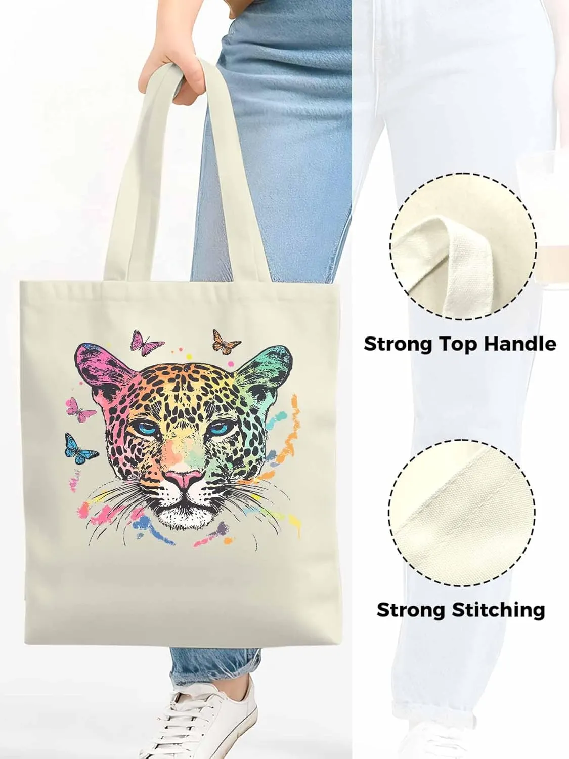 Multicolored Leopard Butterfly Canvas Tote Bag, Aesthetic Canvas Tote Handbags for Women Shoulder Bag