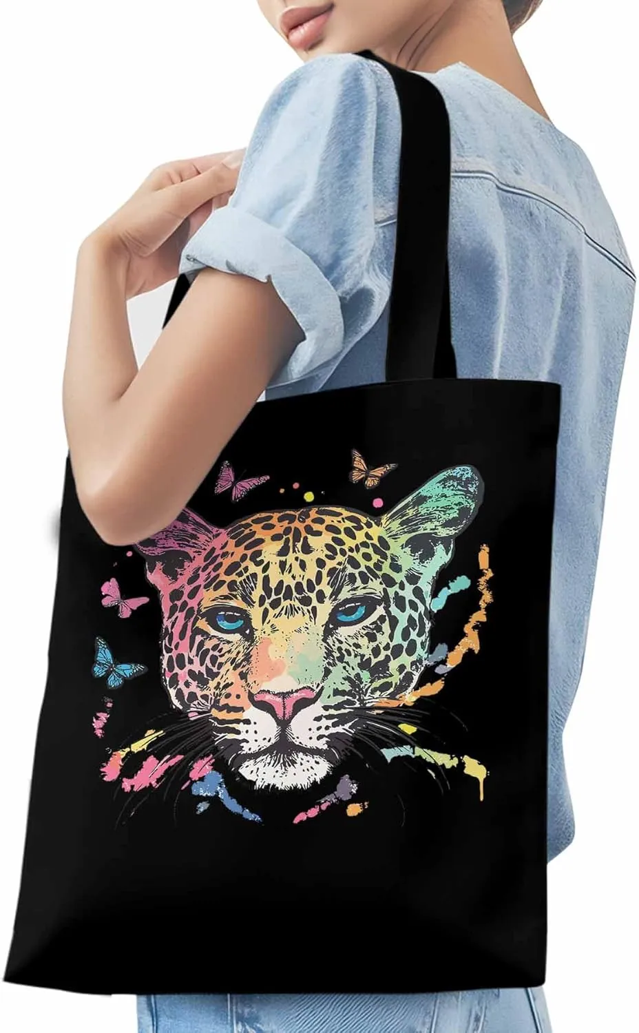 Multicolored Leopard Butterfly Canvas Tote Bag, Aesthetic Canvas Tote Handbags for Women Shoulder Bag