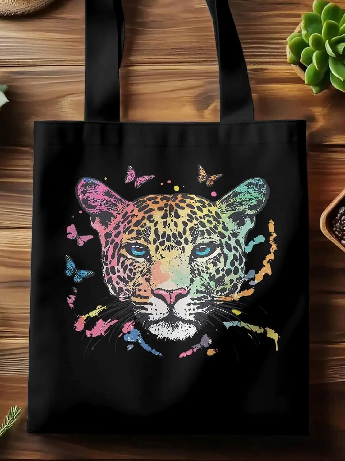 Multicolored Leopard Butterfly Canvas Tote Bag, Aesthetic Canvas Tote Handbags for Women Shoulder Bag