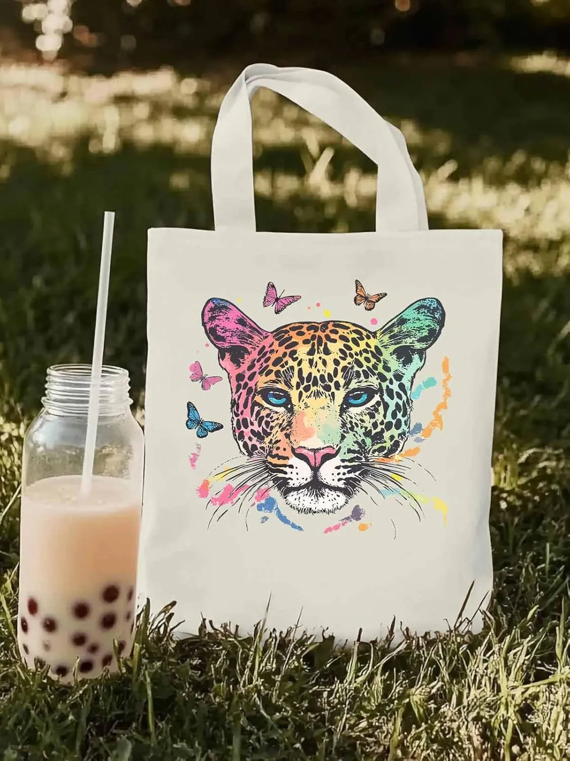 Multicolored Leopard Butterfly Canvas Tote Bag, Aesthetic Canvas Tote Handbags for Women Shoulder Bag