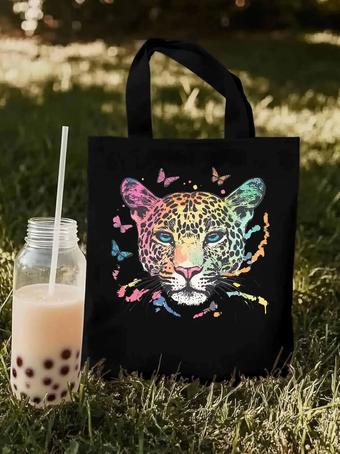Multicolored Leopard Butterfly Canvas Tote Bag, Aesthetic Canvas Tote Handbags for Women Shoulder Bag