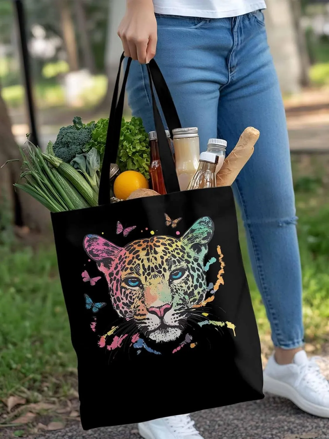 Multicolored Leopard Butterfly Canvas Tote Bag, Aesthetic Canvas Tote Handbags for Women Shoulder Bag