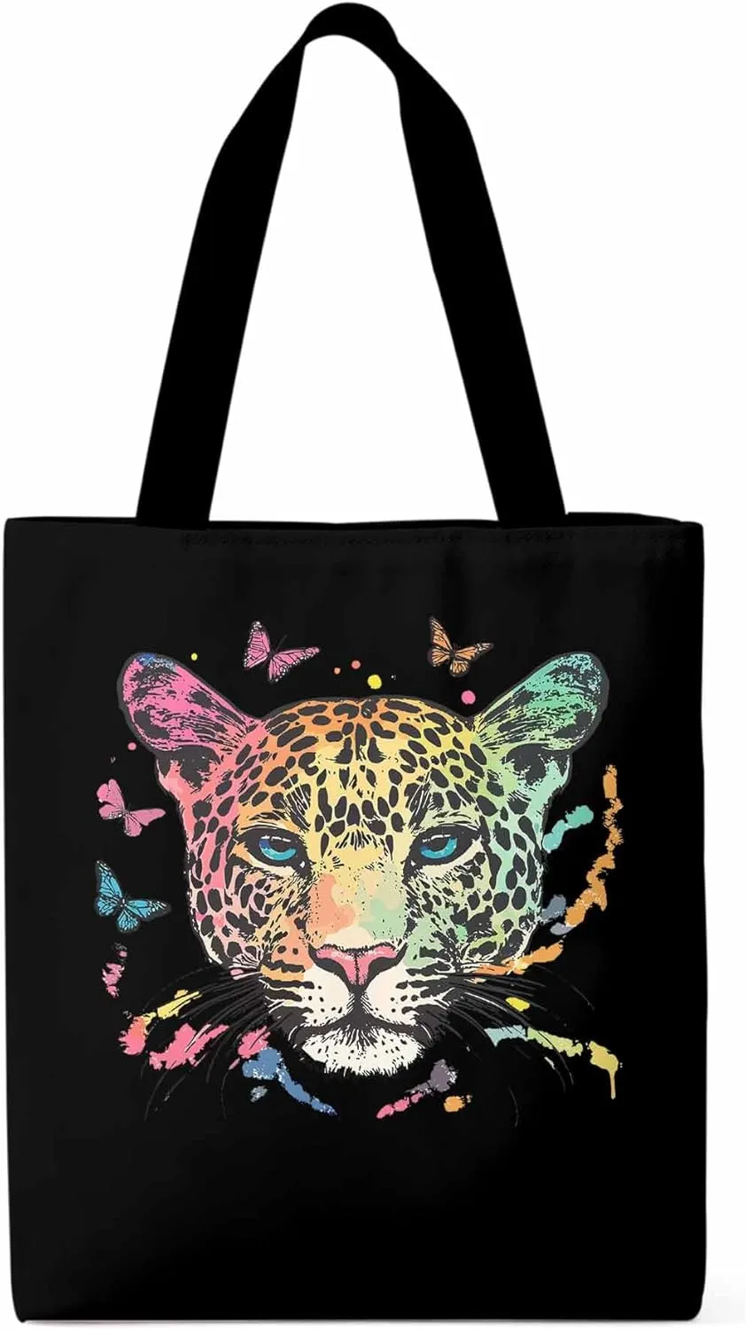 Multicolored Leopard Butterfly Canvas Tote Bag, Aesthetic Canvas Tote Handbags for Women Shoulder Bag