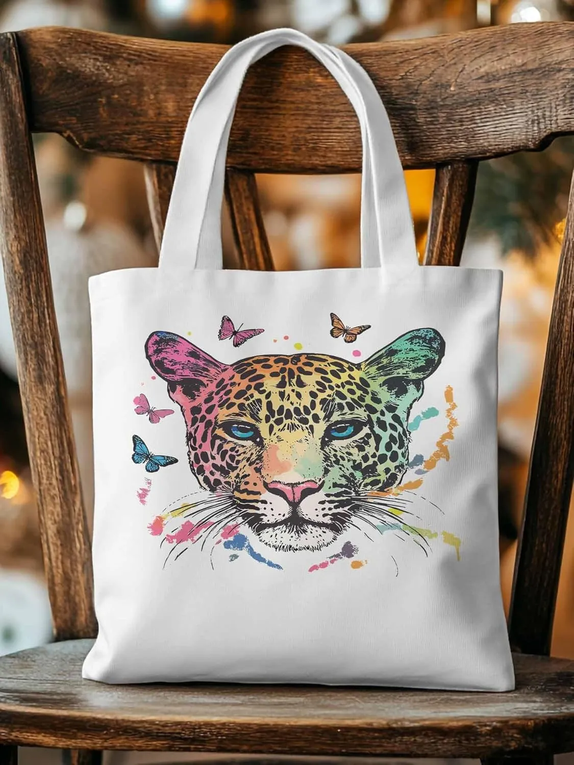 Multicolored Leopard Butterfly Canvas Tote Bag, Aesthetic Canvas Tote Handbags for Women Shoulder Bag