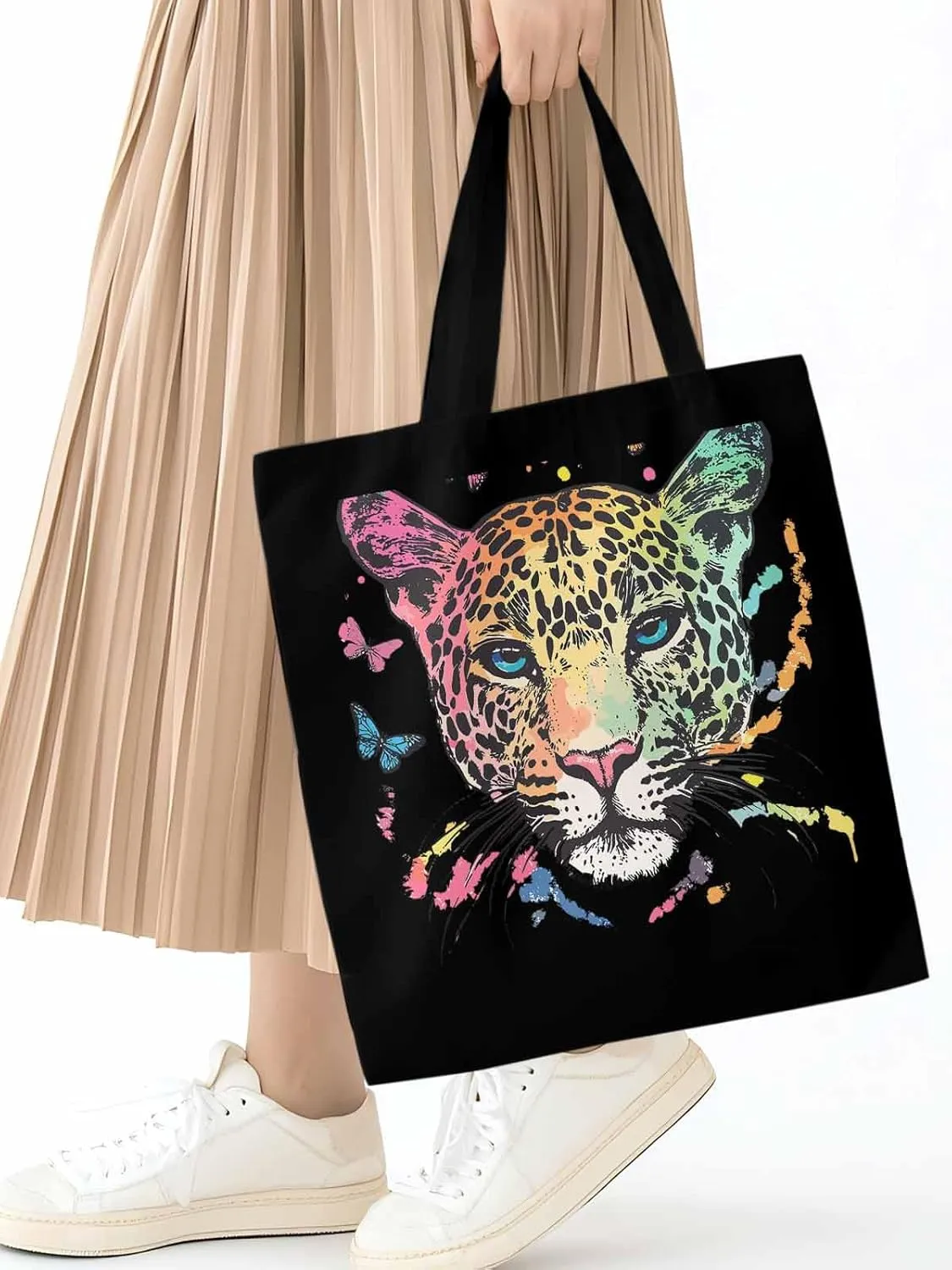 Multicolored Leopard Butterfly Canvas Tote Bag, Aesthetic Canvas Tote Handbags for Women Shoulder Bag