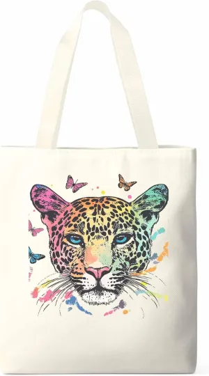 Multicolored Leopard Butterfly Canvas Tote Bag, Aesthetic Canvas Tote Handbags for Women Shoulder Bag