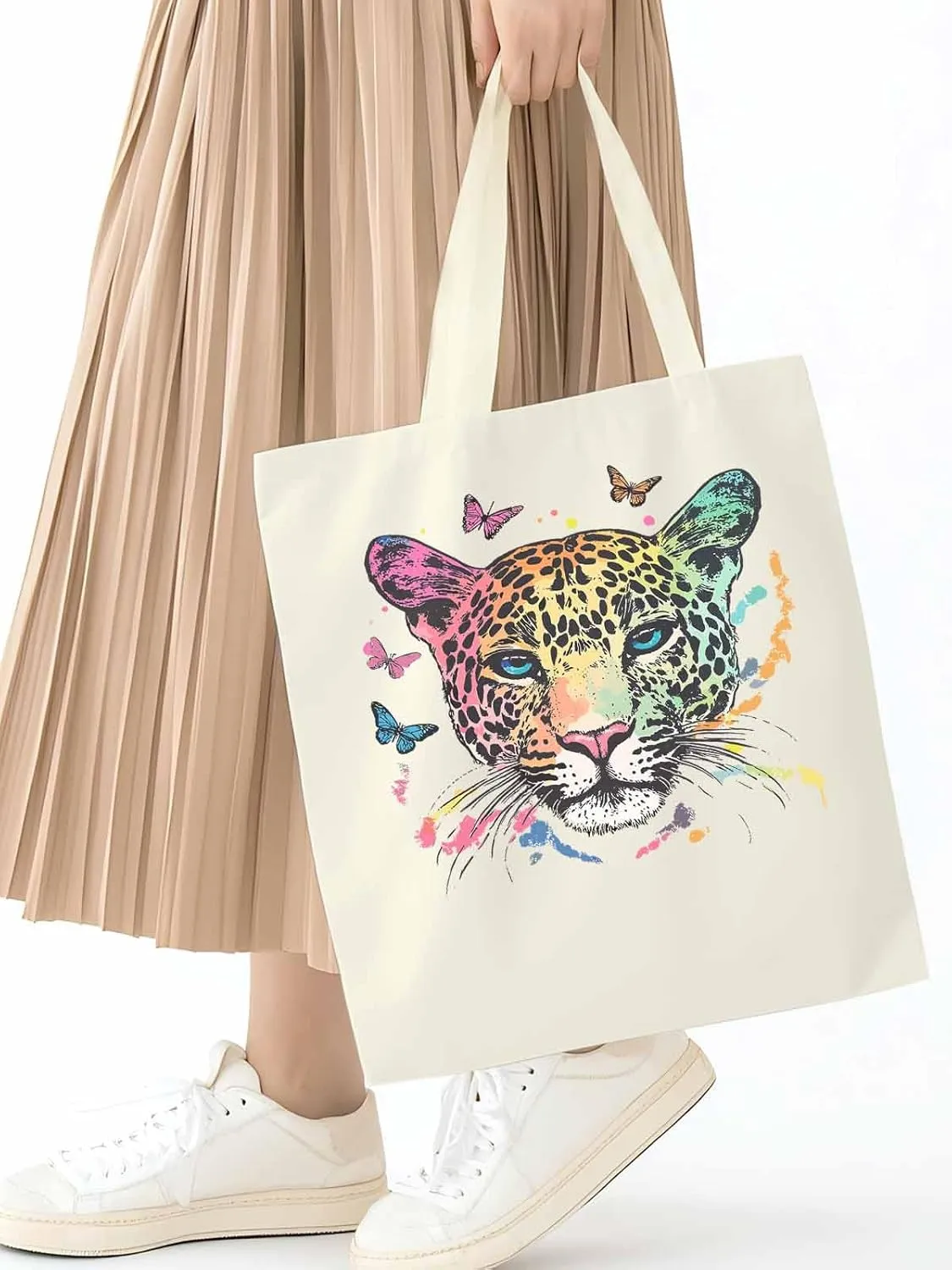 Multicolored Leopard Butterfly Canvas Tote Bag, Aesthetic Canvas Tote Handbags for Women Shoulder Bag