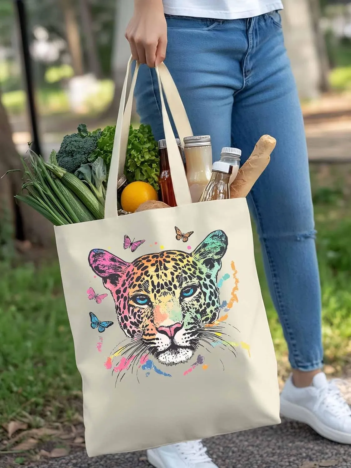 Multicolored Leopard Butterfly Canvas Tote Bag, Aesthetic Canvas Tote Handbags for Women Shoulder Bag