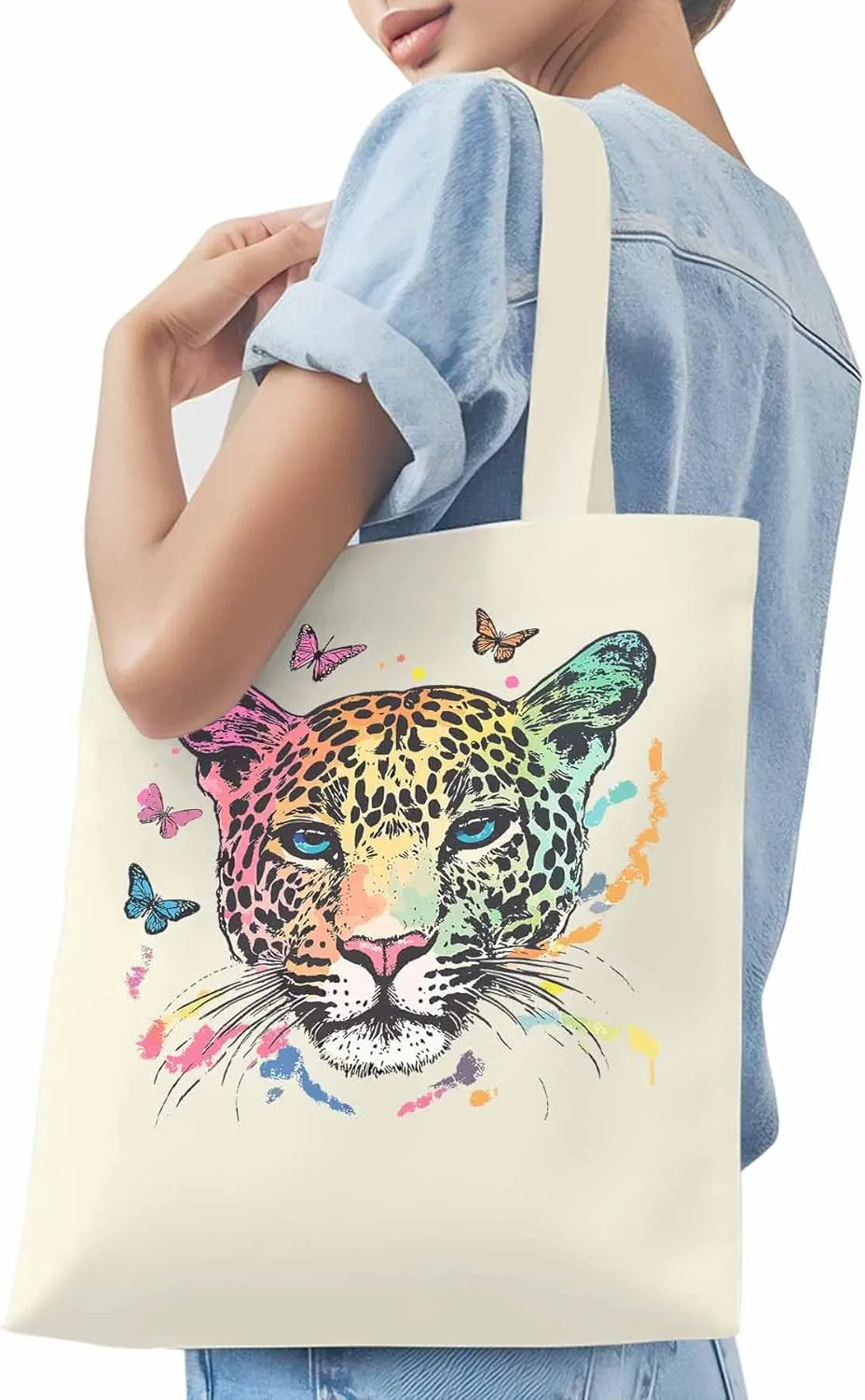Multicolored Leopard Butterfly Canvas Tote Bag, Aesthetic Canvas Tote Handbags for Women Shoulder Bag